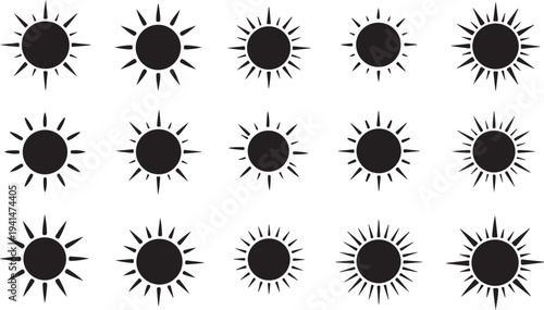 Collection of black sun symbols on white background