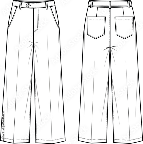 Wide leg trousers fashion flat sketch, womens high waisted pants CAD technical drawing, front and back view vector apparel template