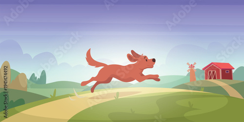 Funny dog. Running domestic pet in cartoon style exact vector background illustration template