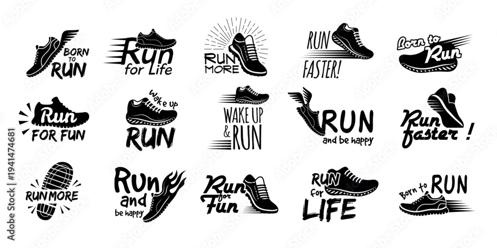 Naklejka premium Run labels. Badges collection with running shoes stylized illustrations recent vector lettering design badges