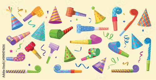Party blowers. Birthday cones for kids decorative blowers and confetti recent vector cartoon illustrations