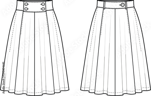 Women high waist pleated midi skirt technical sketch, button detail waistband A-line flare flat vector garment illustration, fashion CAD drawing