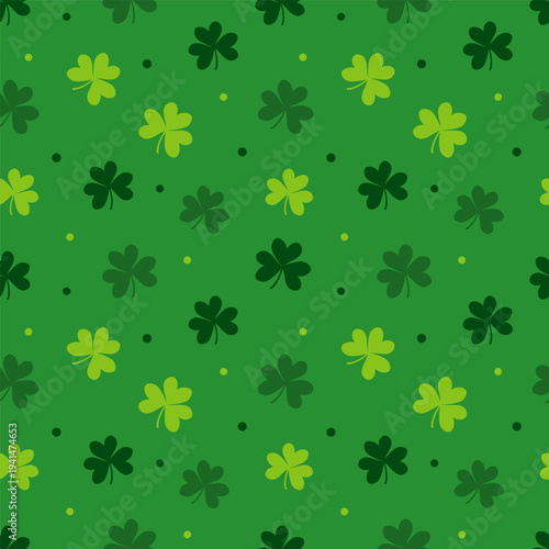 St Patrick seamless vector pattern with green shamrock leaves
