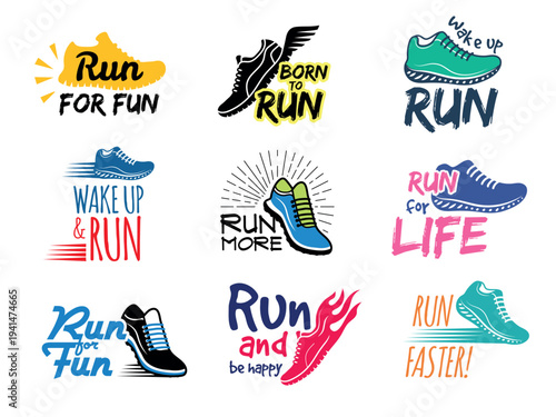 Run badges. Running shoes in labels design templates lettering logotype collection recent vector set