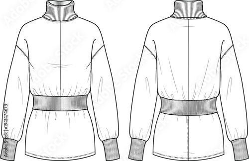 Women turtleneck sweater with ribbed waist and cuffs technical sketch, drop shoulder long sleeve knit jumper flat vector garment illustration