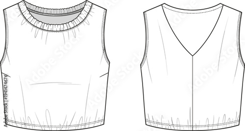 Technical CAD flat fashion vector illustration of women's denim shorts, high waisted jean shorts with pockets, front and back view, cad drawing flat vector illustration.