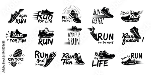 Run labels. Badges collection with running shoes stylized illustrations recent vector lettering design badges