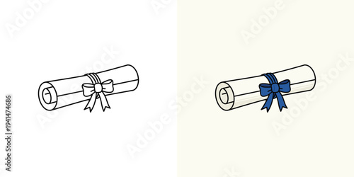 Outline and colored illustration of a graduation diploma scroll icon, symbolizing academic success, educational milestones, and official achievement certificate