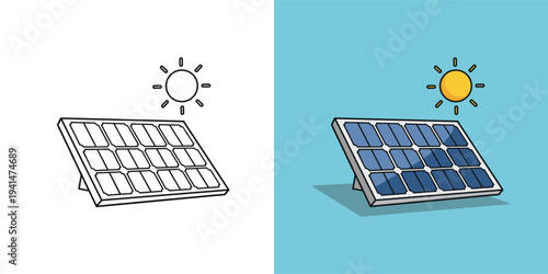 Solar panel with sun icon, illustrating renewable energy generation from sunlight, clean electricity concept for sustainable power solutions