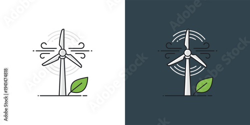Clean Energy Wind Turbine Icons with Green Leaf Symbolizing Renewable Power, Sustainability, and Eco-Friendly Technology Solutions for a Greener Future