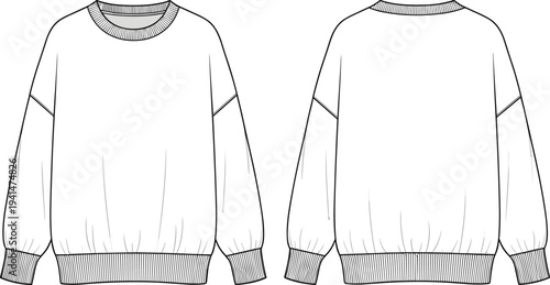 Technical CAD flat fashion vector illustration of a long sleeve crewneck sweatshirt, oversized fleece pullover with ribbed cuffs and hem, cad drawing flat vector illustration.