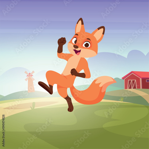 Fox. running wild cartoon animal fox on outdoor landscape. vector template