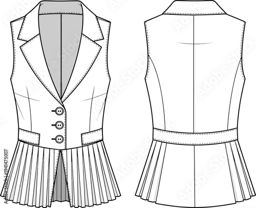 Technical CAD flat fashion vector illustration of a sleeveless pleated peplum vest with notched lapels and button front closure.