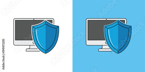 Digital security concept illustration featuring a computer protected by a blue shield, symbolizing robust data safety, privacy, and network defense