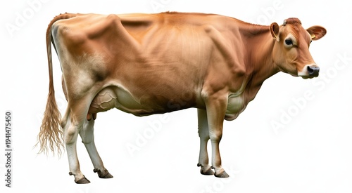 Brown Jersey Cow Standing Isolated on White Background brown cow dairy cow