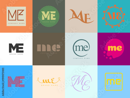 ME logo company template. Letter m and e logotype. Set different classic serif lettering and modern bold text with design elements. Initial font typography.