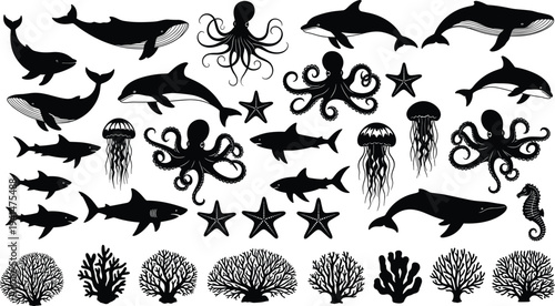 Marine life silhouette set with whales dolphins sharks octopus jellyfish starfish coral reef vector illustration collection