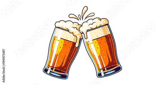 Two glasses of beer clinking together with foam splashing.