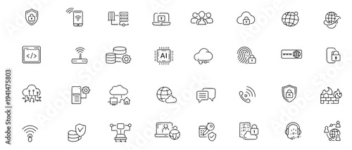 Global Network editable line icon set. Cloud computing, internet security, data connection, wireless signal, digital communication, router, server, encryption, business platform. Editable stroke.