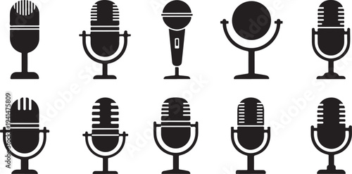 Various Microphone Types in Black Silhouette on White Background