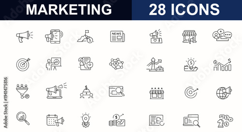Marketing line editable icon set. Campaign, branding, advertising, chart, promotion, analytics, sales, audience, research, communication. Editable stroke. Vector illustration.