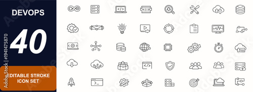 DevOps editable icon set. Automation pipeline, cloud deployment, server monitor, CI workflow, repository, infrastructure tools. Editable stroke. Vector illustration.