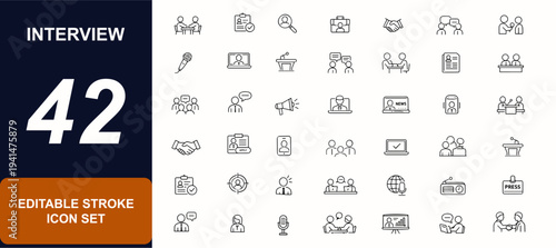 Interview editable line icon set. Recruitment, microphone, candidate review, hr management, panel discussion, career talk. Editable stroke. Vector illustration.