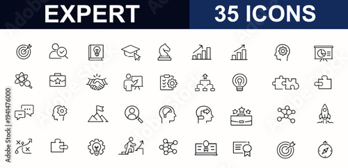 Expert web icons in line style. Consultant, mentor, coaching, career, strategy, business analysis, talent, leadership, workflow, education. Editable stroke. Vector illustration.