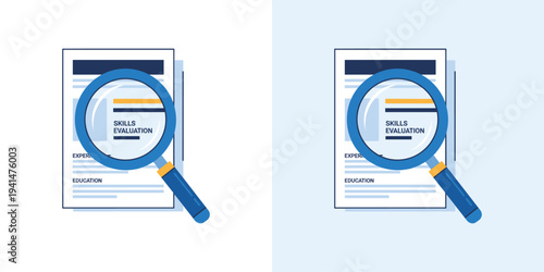 Professional Skills Evaluation and Resume Review Illustration with Magnifying Glass, Highlighting Job Application Assessment and Talent Search