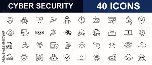 Cyber security icon set web icons in line style. Firewall, encryption, antivirus, privacy lock, malware scan, phishing alert, shield key. Editable stroke. Vector illustration.