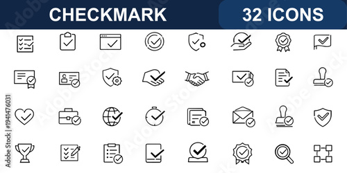 Checkmark web icons in line style. Approval badge, checklist confirm, ok symbol, verified seal, accept agreement, compliance stamp, trust label. Editable stroke. Vector illustration.