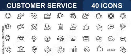 Customer service web icons in line style. Headset operator, support chat, client help, feedback system, assistance call center, satisfaction rating. Editable stroke. Vector illustration.