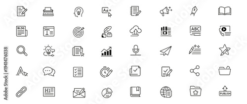 Copywriting web icons in line style. Marketing content, editorial layout, blog author, headline design, pen manuscript, typography message. Editable stroke. Vector illustration.