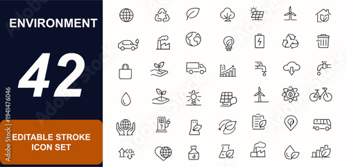 Environment web icons in line style. Renewable energy, recycle symbol, green planet, solar panel, forest tree, climate care icons. Editable stroke. Vector illustration.