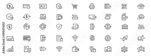 Online payment web icons in line style. Fintech checkout, mobile wallet, contactless pay, POS terminal, QR scan, credit card, banking security. Editable stroke. Vector illustration.