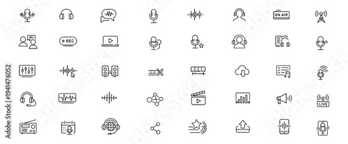 Podcast broadcasting microphone web icons in line style. Audio mixer, interview talk, streaming controls, speaker media, studio, voice channel. Editable stroke. Vector illustration.