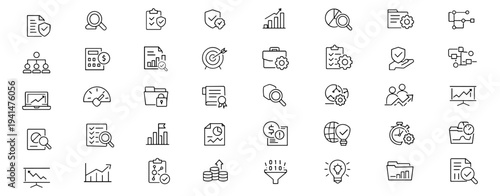 Business audit web icons in line style. Finance control, compliance review, risk analysis, accounting process, checklist, chart, reporting dashboard. Editable stroke. Vector illustration.