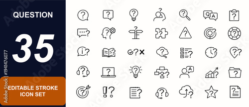 Question web icons in line style. Help center, chat bubble, quiz symbol, problem solving, confusion mark, query button, puzzle icon, answer sign. Editable stroke. Vector illustration.