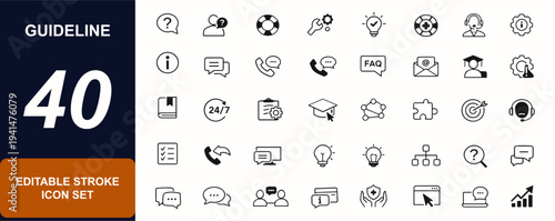 Guideline editable icon set web icons in line style. Help desk, FAQ, customer support, phone contact, chat assistant, UI interface. Editable stroke. Vector illustration.