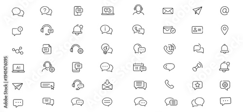 Message speech chat support web icons in line style. Envelope dialog bubbles, customer service interface, notification mail symbol, mobile contact UI. Editable stroke. Vector illustration.
