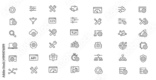 Configuration and settings web icons in line style. Gear control panel, workflow automation, system maintenance, software management, dashboard tools. Editable stroke. Vector illustration.