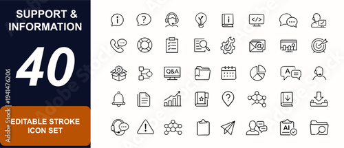 Support and information web icons in line style. Helpdesk, faq chat, client contact, knowledge base, dashboard, document, navigation, report. Editable stroke. Vector illustration.