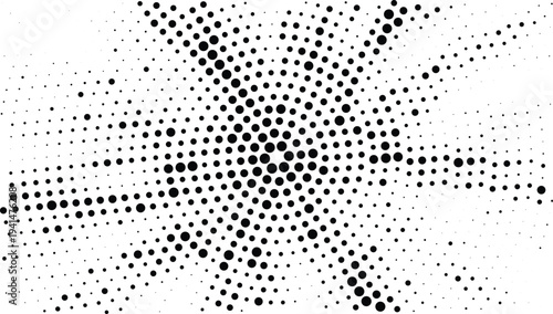 Dynamic radial starburst expansion halftone design concept with black dots texture and central explosion effect for high-impact urban designs.