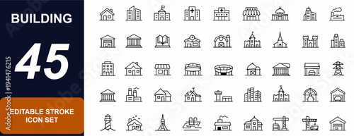 Building Icons Set web icons in line style. Skyline tower, school, hospital, office, mall, university, house, city architecture. Editable stroke. Vector illustration.