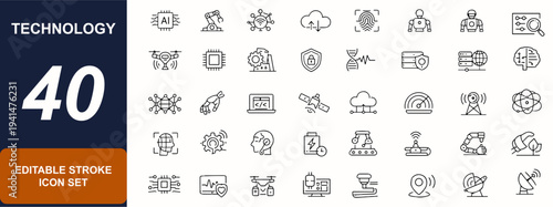 Technology web icons in line style. Robotics automation, AI circuits, cloud computing, biometric sensors, drone control, processor chip, IoT network. Editable stroke. Vector illustration.