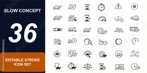 Slow Concept web icons in line style set. Hourglass timer, turtle symbol, productivity snail, pace control, efficiency dashboard, progress gauge. Editable stroke. Vector illustration.