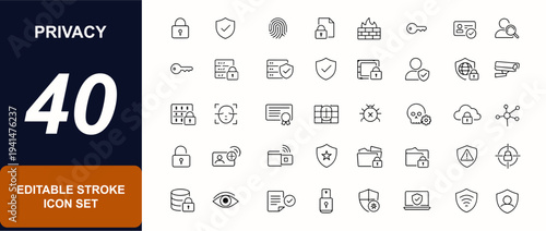 Privacy web icons in line style. Shield, encryption, firewall, fingerprint, access control, lock, authentication, identity check, data security. Editable stroke. Vector illustration.