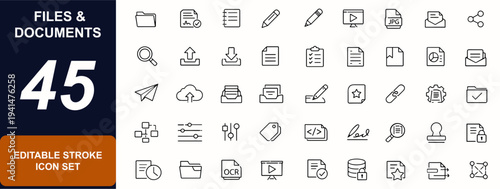 Files and Documents Icon Set web icons in line style. workflow, folder archive, contract sign, media file, search tool, upload storage, office form. Editable stroke. Vector illustration.