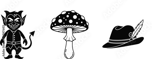 Cartoon devil silhouette, stylized mushroom illustration, traditional alpine hat with feather, bold black vector artwork, cultural design elements, whimsical artistic concept