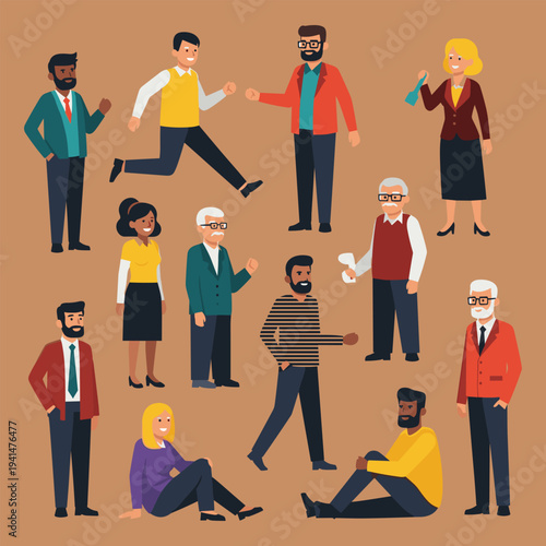 Diverse Group of Flat Vector Cartoon Characters Illustrating Multi-ethnic Men and Women in Various Poses and Everyday Activities. Modern People Collection